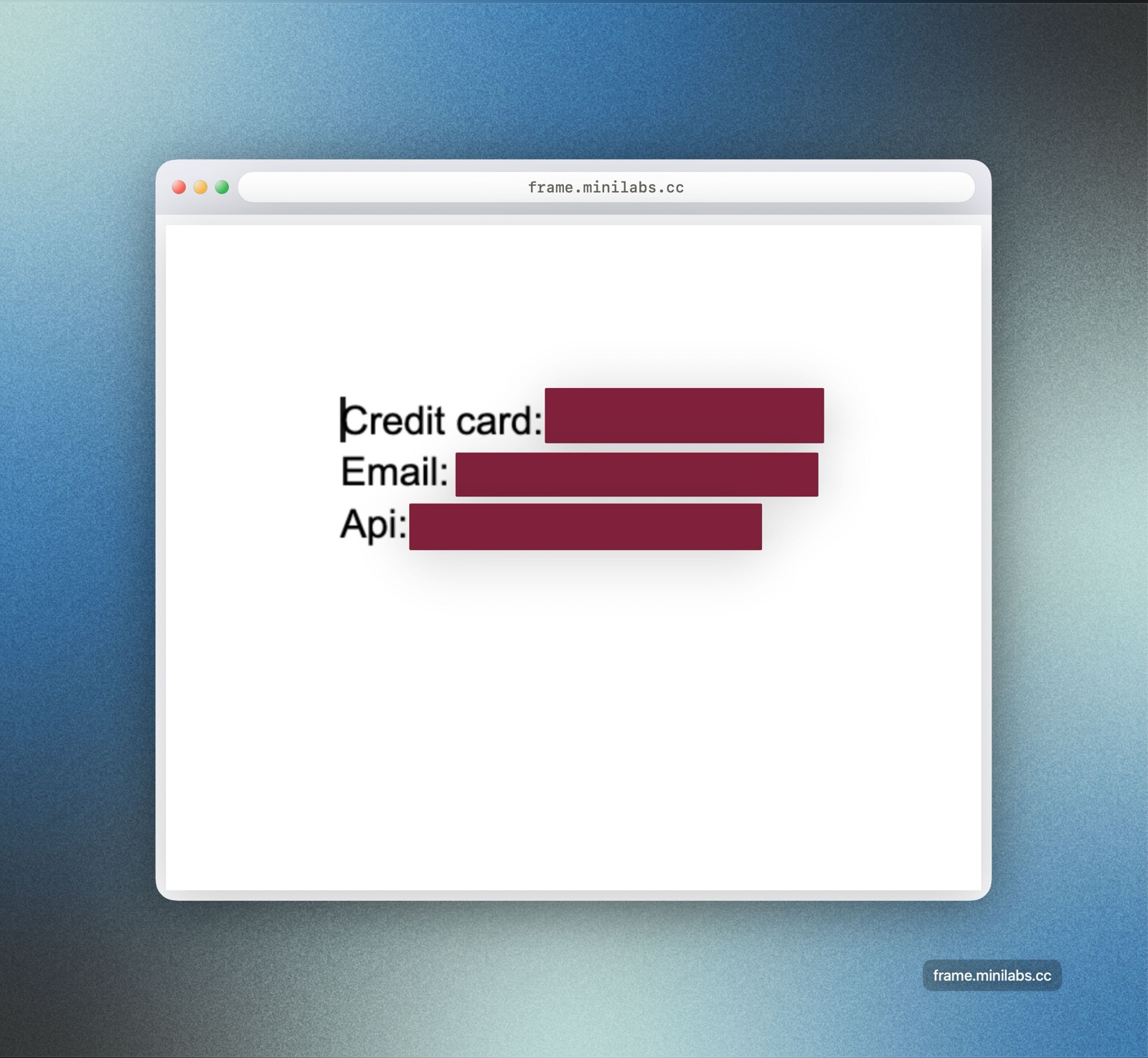 The same screenshot beautified by Frame: centered in a browser window on a blue gradient, with the credit card, email, and API key automatically redacted.