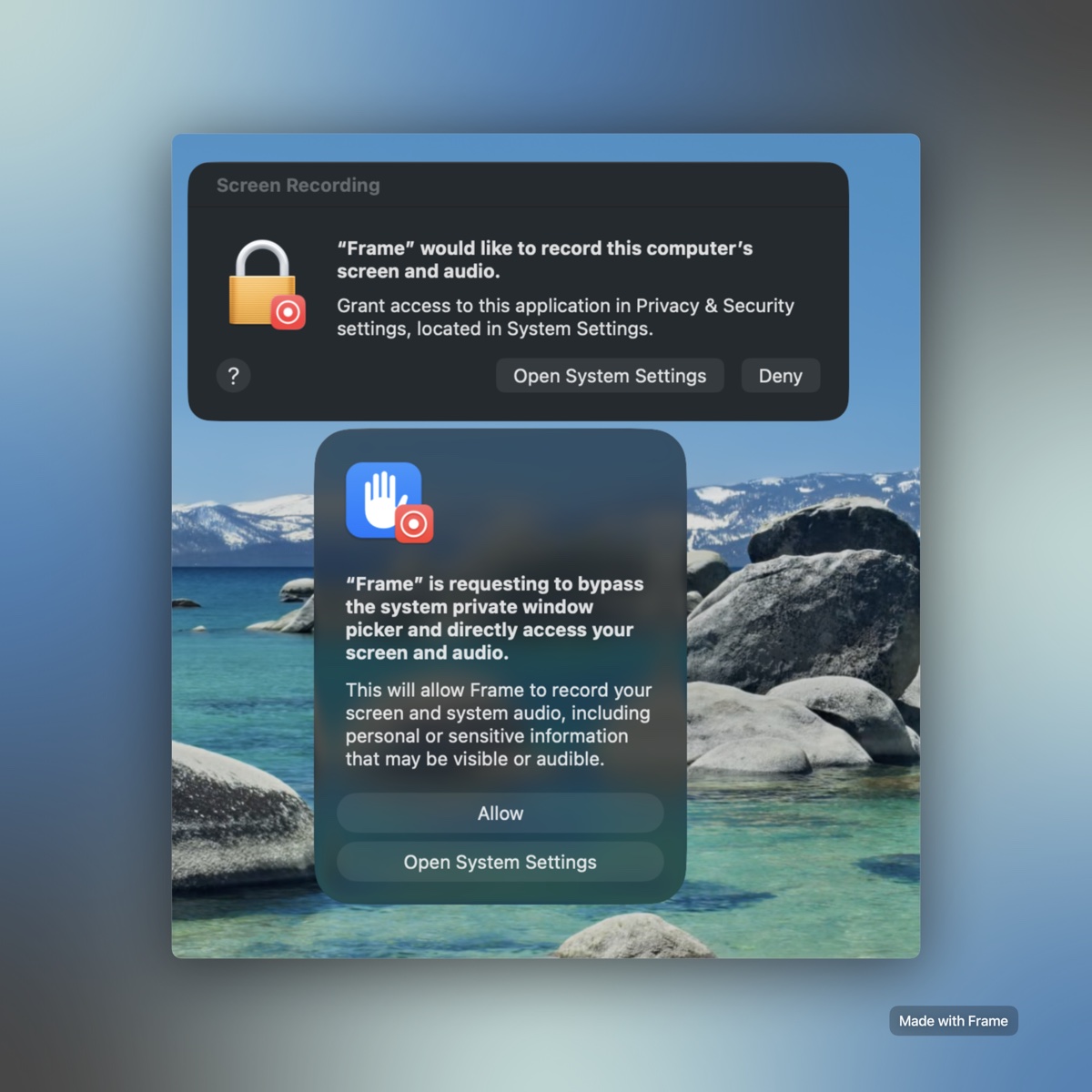 Two macOS permission dialogs for Frame: a Screen Recording request asking to open System Settings, and a prompt to bypass the system private window picker for direct screen access.